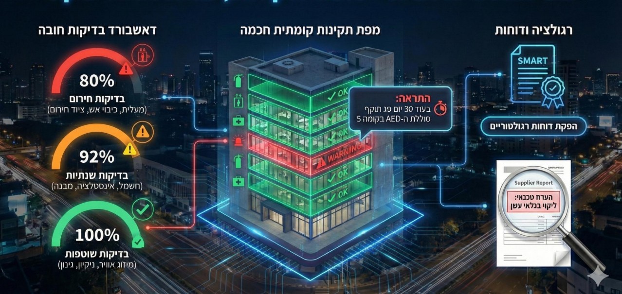 מפת תקינות קומתית חכמה — מבנה עם סטטוס לכל קומה, התראות ורגולציה